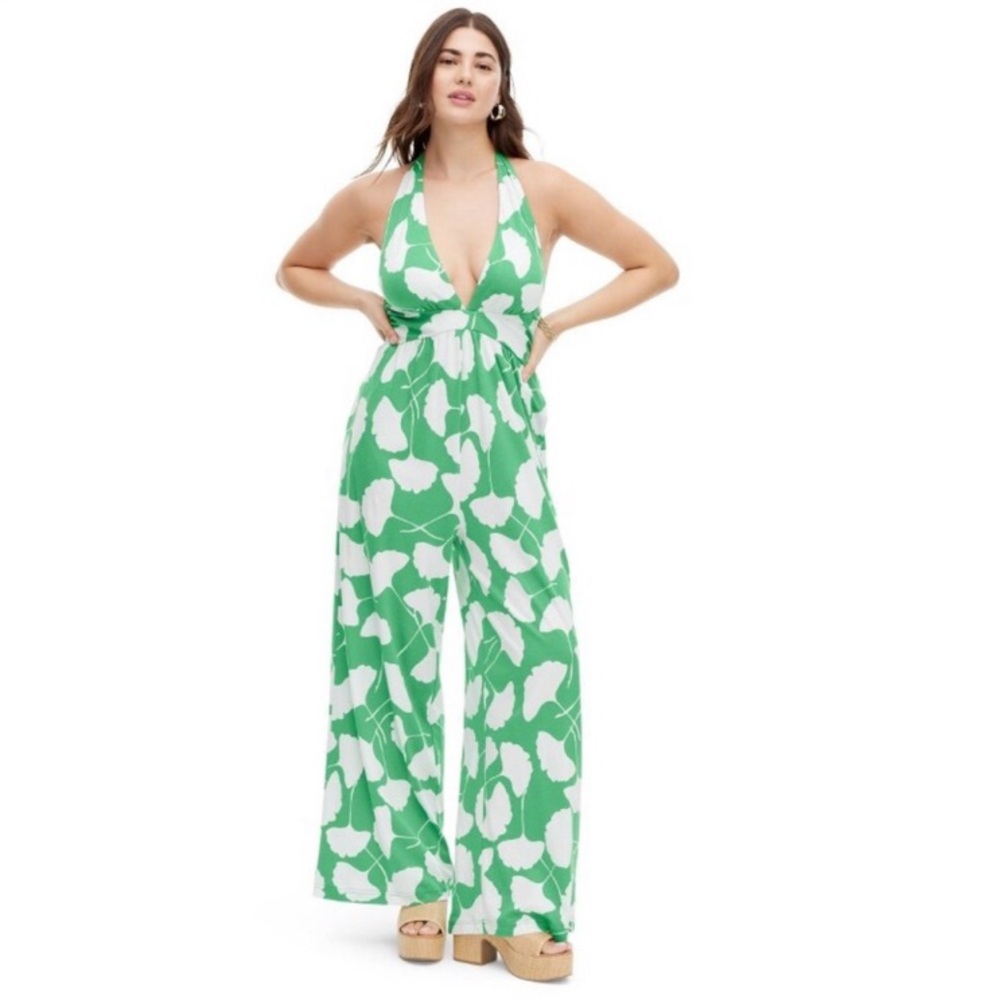 Diane Von Furstenberg Ginkgo Green Halter Jumpsuit